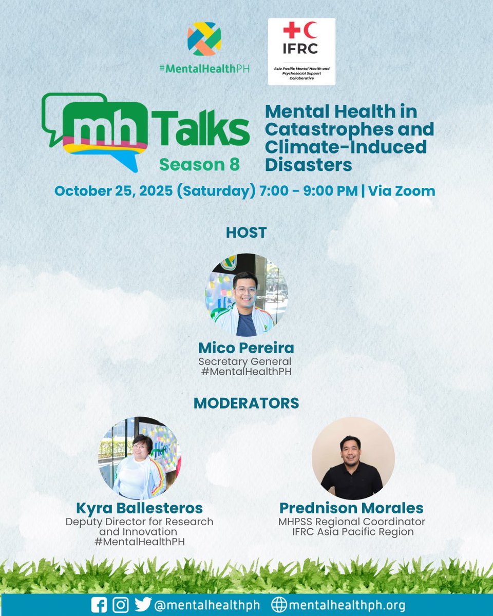 mentalhealthph's tweet image. Meet our #MHTalks Season 8 lineup! 🎙️They will share their insights on mental health in catastrophes and climate-induced disasters — reminding us that resilience begins with collective care. 🌏💭

🗓️ Oct 25 (Sat), 7–9 PM via Zoom
💚 Register now via bit.ly/MHTalksSeason8