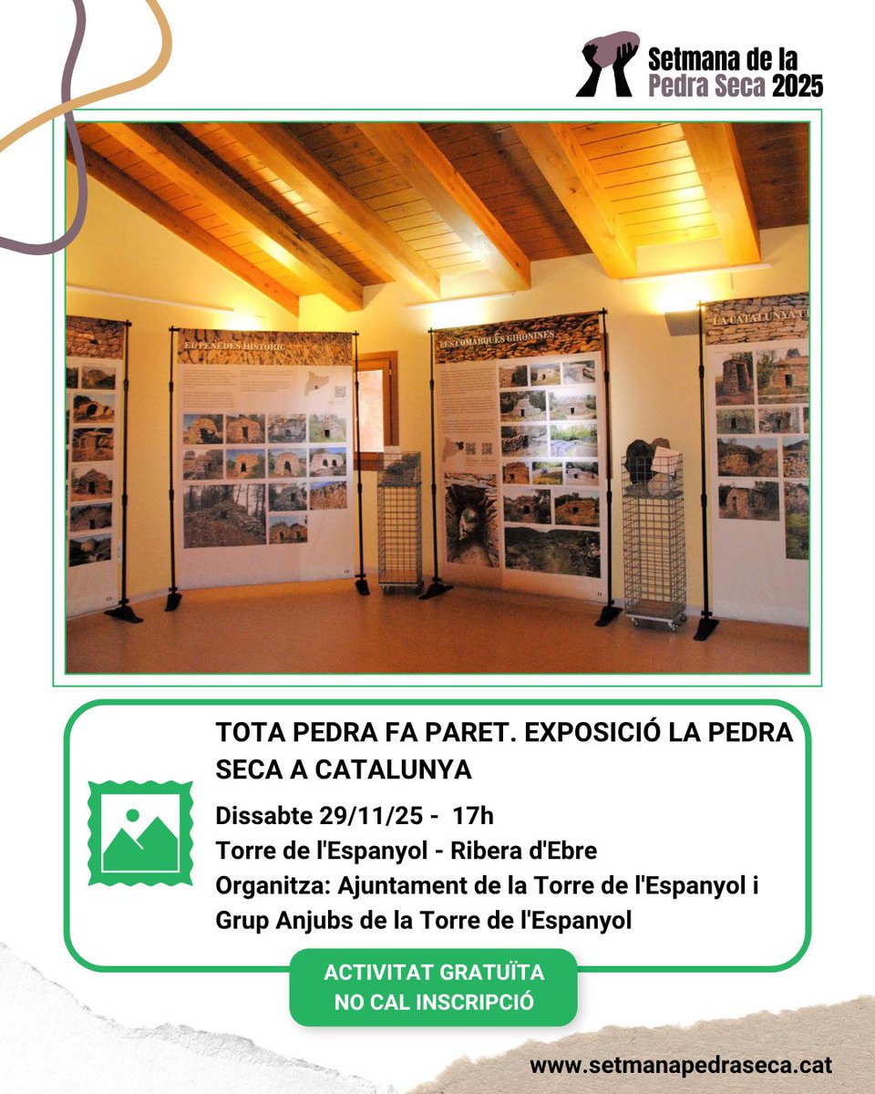 SetmPedraSeca's tweet image. 🟢 DIVULGACIÓ
🖼️Tota pedra fa paret. Exposició La pedra seca a Catalunya

🗓29/11
⏰17h
📍La Torre de l&apos;Espanyol
📌Organitza: Ajuntament @torredlespanyol i Grup Anjubs
➕Info, calendari i mapa👇
setmanapedraseca.cat/activitats/age…

#SetmanaPedraSeca25 #PedraSeca
