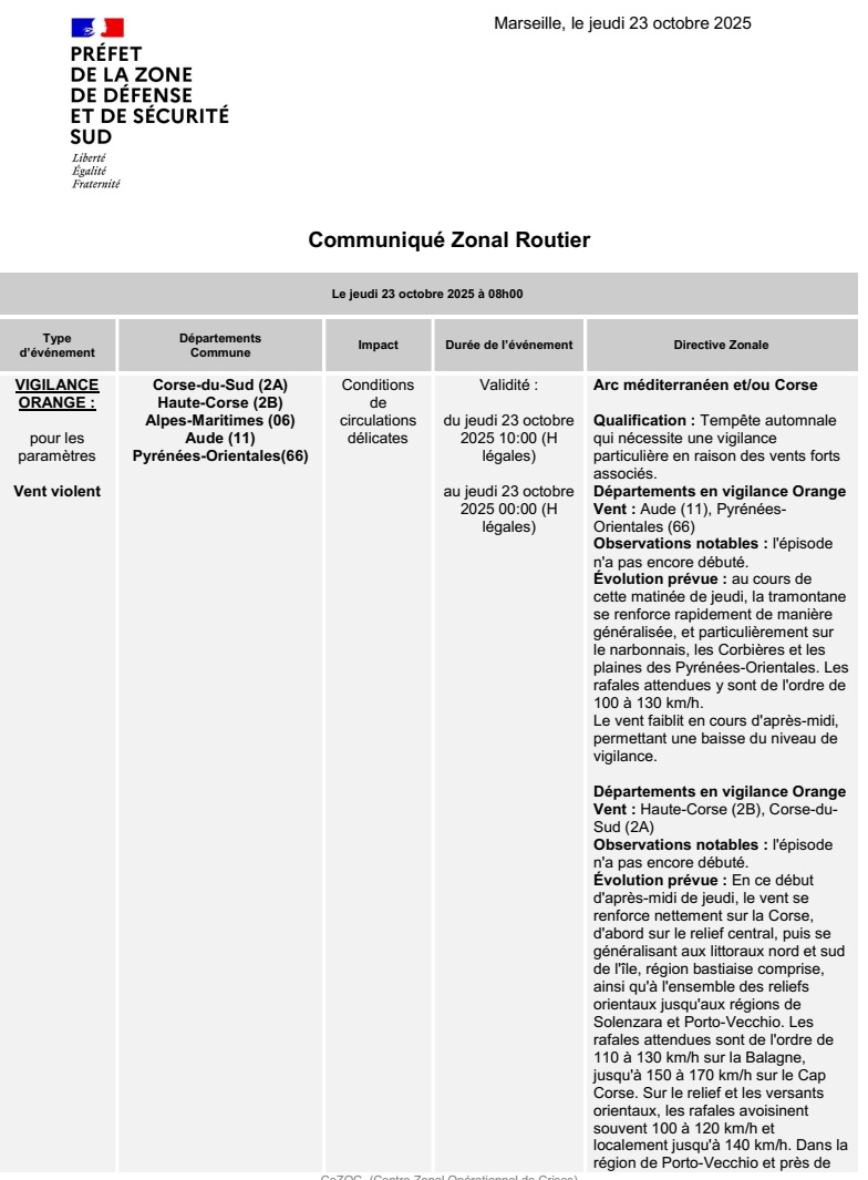 cezocsud's tweet image. Communiqué zonal routier - Vigilance ORANGE vent violent dépts 2A-2B-06-11-66 :