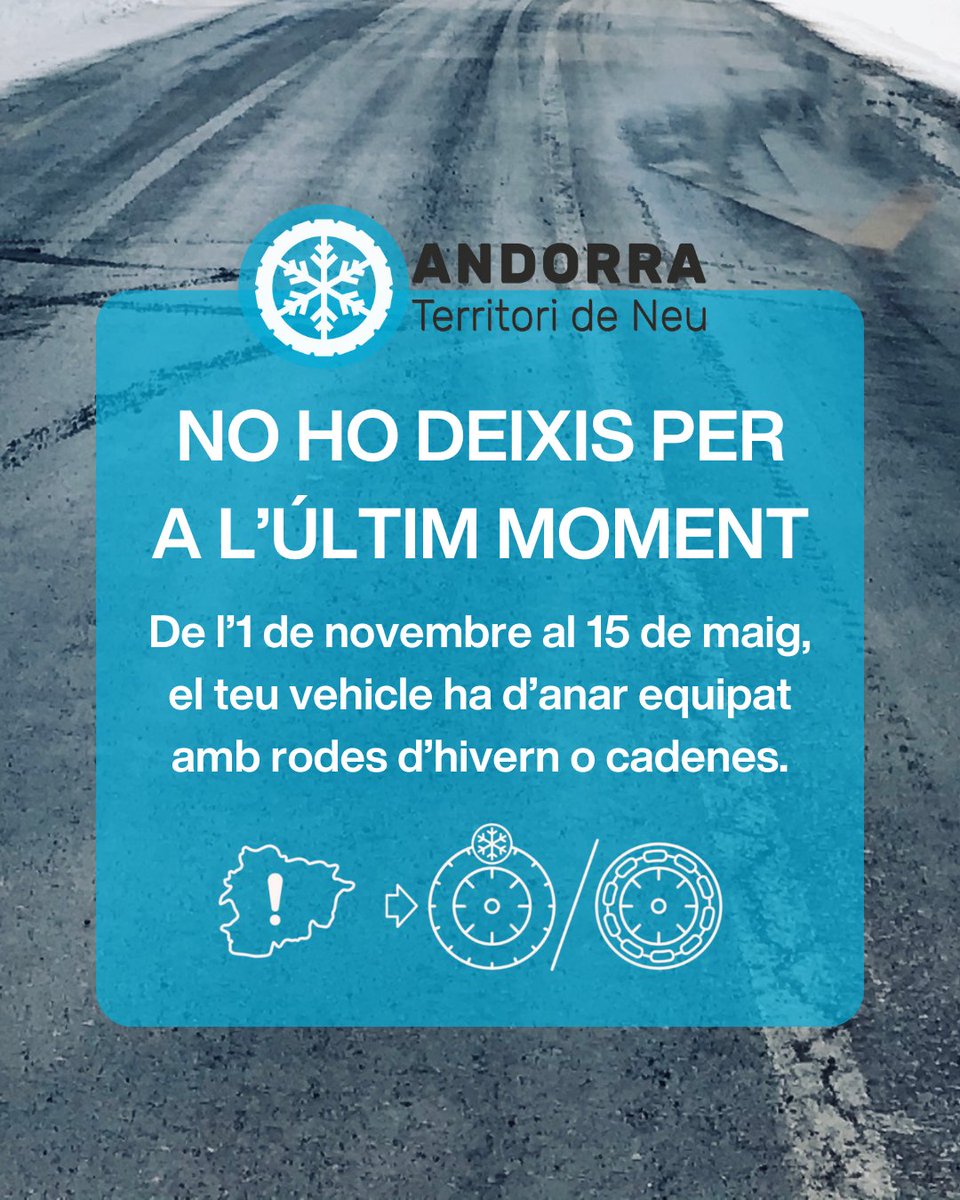 ❄️ L’1 de novembre entra en vigor l’obligació de portar rodes de neu o cadenes al vehicle per circular a Andorra.
🛞 No esperis a l’últim moment: fes el canvi amb temps i condueix amb tranquil·litat quan arribin les primeres nevades.

Trobaràs el manual a:mobilitat.ad/manual-mobilit…