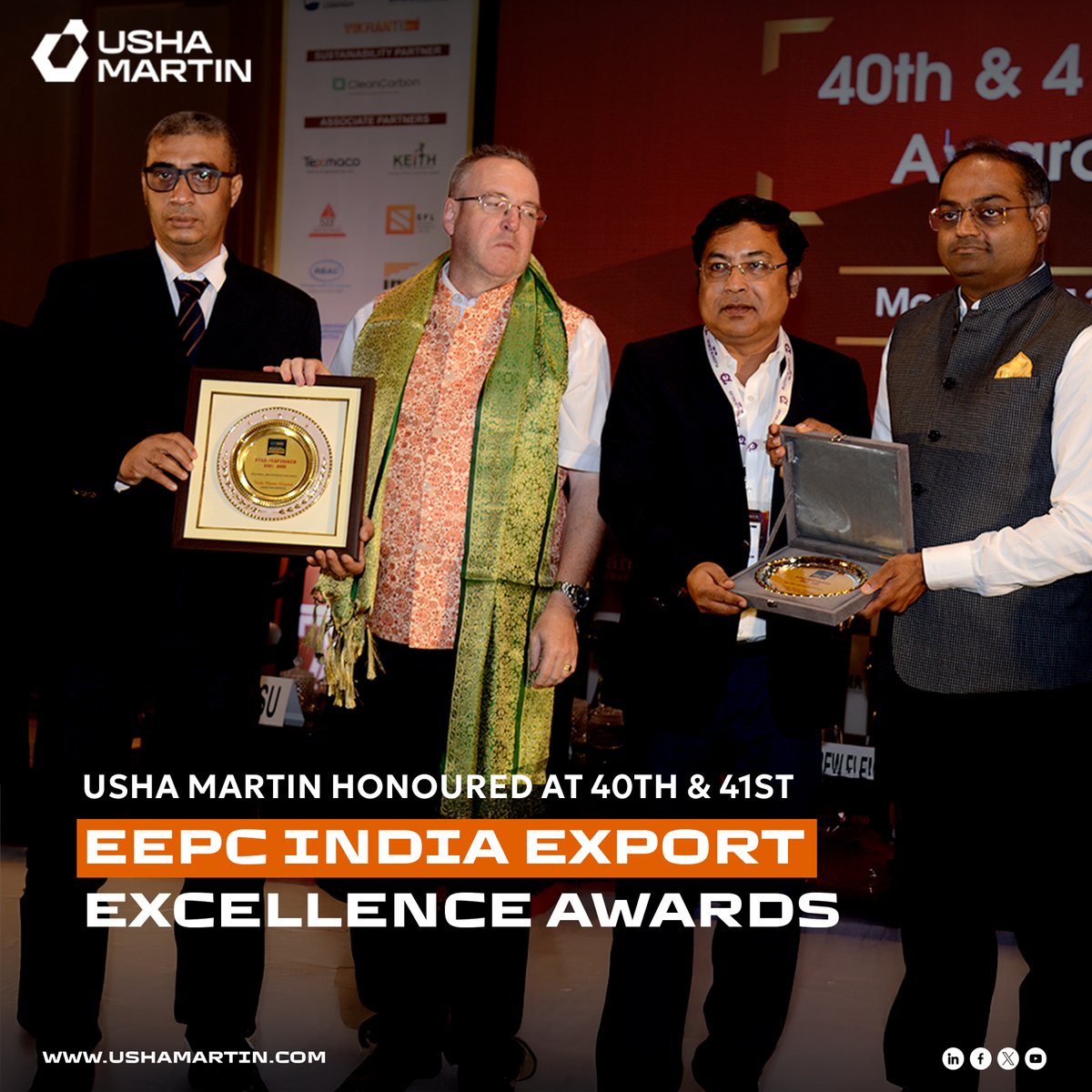 UshaMartinLtd's tweet image. Proud to share that Usha Martin has won the ‘Star Performer’ Award at the 40th &amp;amp; 41st EEPC INDIA Awards by @EEPCIndia, celebrating our excellence in engineering exports.

Thanks to our team, partners &amp;amp; EEPC India for this honour! 

#UshaMartin #EEPCIndia  #ExportExcellence