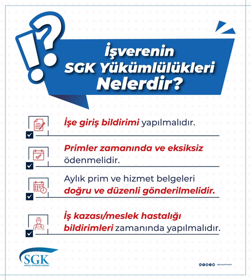 Blue and white infographic with question marks and exclamation points titled Isverenin SGK yukumlulukleri nelerdir listing five obligations: is giris bildirimi yapmalidir, isci bildirimi yapmalidir, prim zamaninda ve eksiksiz odenmelidir, aylic prim ve hizm et belgeleri verilmelidir, is kazasi/meslek hastaligi bildirimleri zamaninda yapilmalidir with checkmarks and SGK logo at bottom