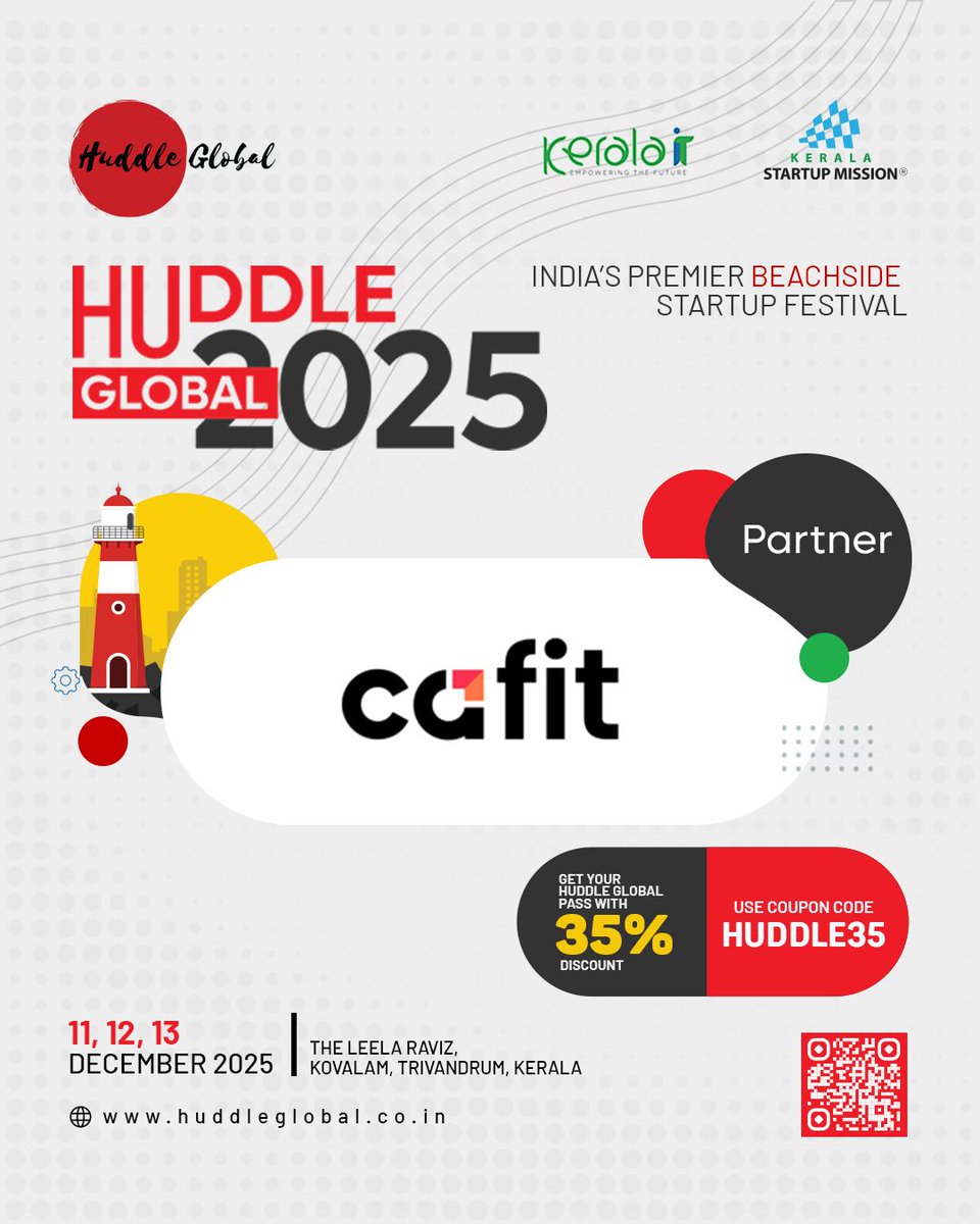 startup_mission's tweet photo. Huddle Global 2025 is pleased to announce CAFIT as a valued partner for this year’s edition of India’s premier beachside startup festival.
📅 11, 12, 13 December 2025
📍 The Leela Raviz, Kovalam, Trivandrum, Kerala
🌐 https://t.co/ebymigRuyQ
#KeralaStartupMission #CAFIT https://t.co/d2jL6ZlawT