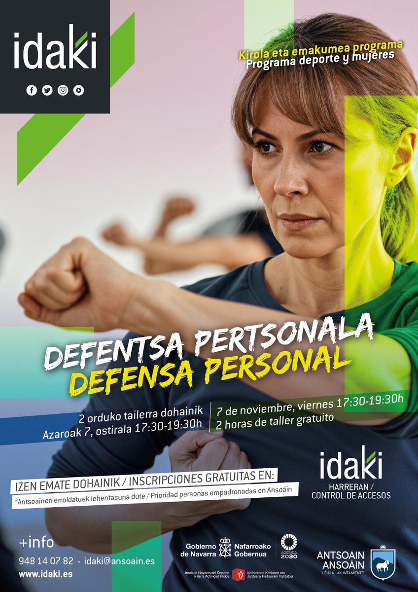 Defentsa pertsonala tailerra // Taller de defensa personal 🤼‍♀️🥋
👉HARRERAN izen emate dohainik
👉Inscripciones gratuitas en Control IDAKI

📆 Azaroak 7 de noviembre, 17:30-19:30h

#KirolaetaEmakumeaPrograma #ProgramaDeporteyMujer #IDAKIgehiagoDa #IDAKIesMás