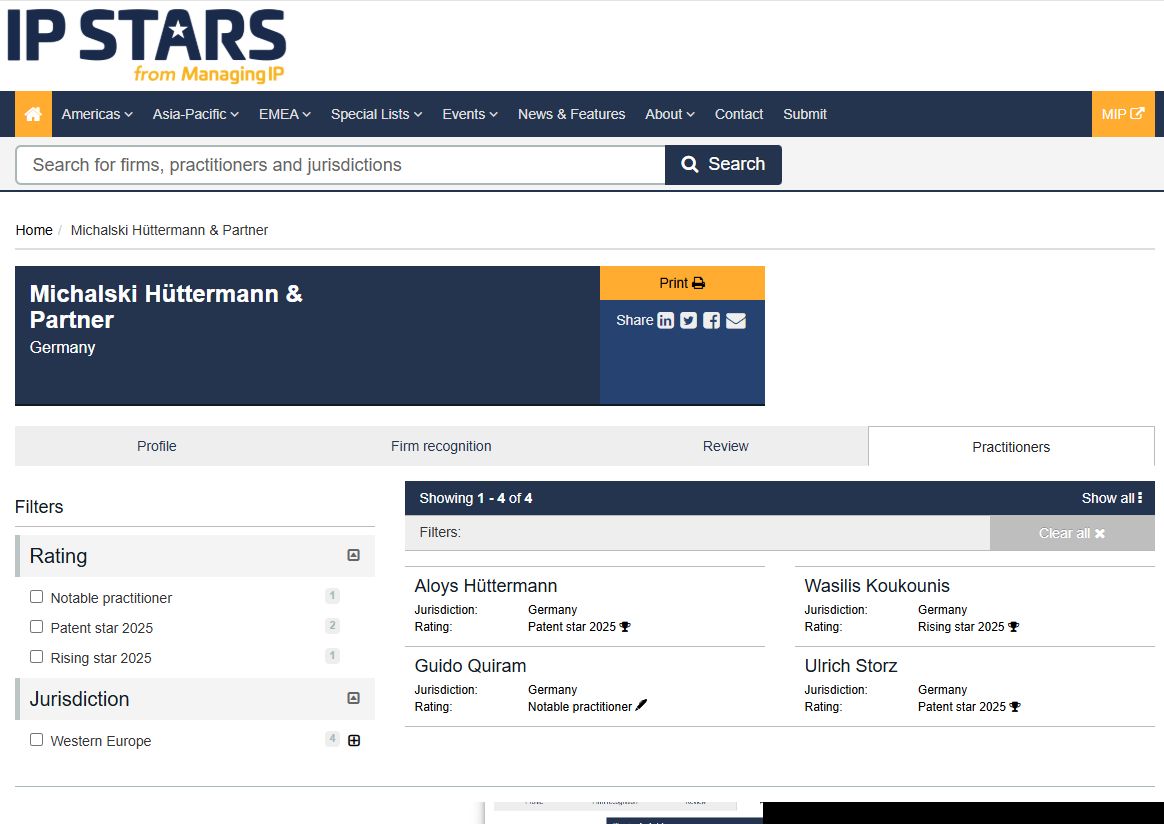 Vier Patentanwälte von Michalski Hüttermann &amp; Partner sind IP Stars!

Wir freuen uns für Prof. Aloys Hüttermann (Patent Star), Wasilis Koukounis (Rising Star), Quido Quiram (Notable Practitioner) und Dr. Ulrich Storz (Patent Star) für die erneute Auszeichnung durch Managing IP!
