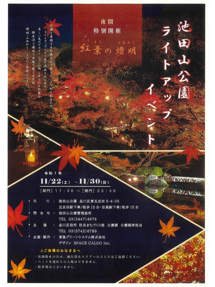 【池田山公園ライトアップイベント🍁🍂】
場所：池田山公園（品川区東五反田5-4-35）
日時：11月22日（土）～11月30日（日）
開門：17:30
閉門：20:30
入場料：無料
池田山公園の美しい紅葉と光の演出で
秋の夜長をご堪能ください✨
#品川区 #池田山公園 #ライトアップ #紅葉　
#イベント情報 #五反田