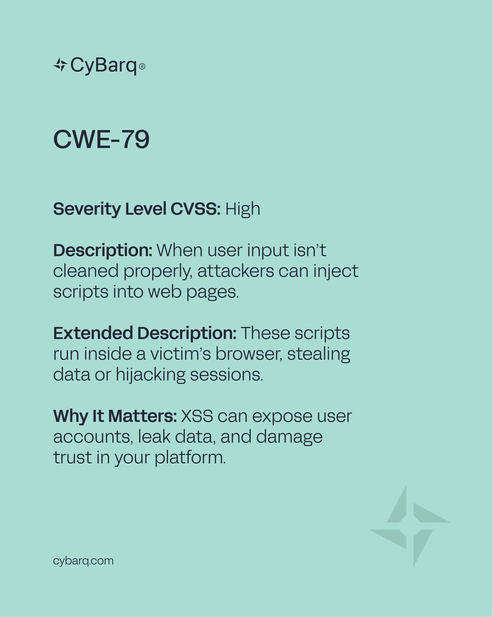 CyBarqLLC's tweet photo. #1 Cross-Site Scripting (CWE-79)

When input isn’t cleaned, scripts sneak in. Data gets stolen, trust disappears.

At CyBarq, we build systems that stop these flaws before they exist.
Every detail is engineered.

#CyberSecurity #CyBarq #CWE https://t.co/sNxOsKF2r4