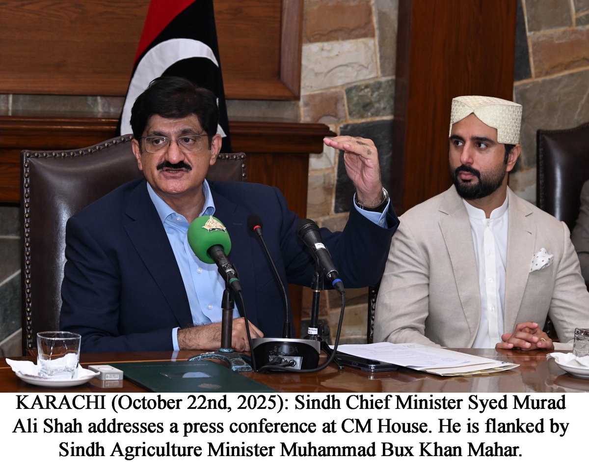 KARACHI (October 22nd, 2025): Sindh Chief Minister Syed Murad Ali Shah  addresses a press conference at CM House. He is flanked by Sindh  Agriculture MinisterMuhammad Bux Khan Mahar.