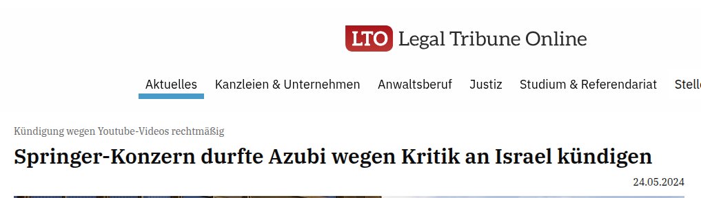 <a href="/IMVErlangen/">Sabine Schiffer</a> als Springer-Journalist weiß man ja nie genau, ab welchem Punkt Israelkritik zum Kündigungsgrund wird ...  
lto.de/recht/nachrich…
