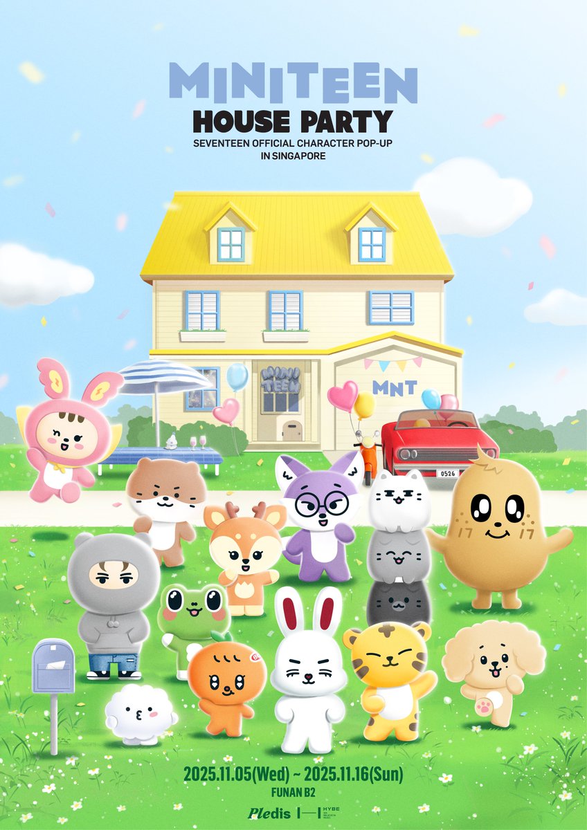 <MINITEEN HOUSE PARTY> 
SEVENTEEN Official Character POP-UP in SINGAPORE

✅Before your visit, please review the guidelines to ensure safety and maximize enjoyment for all! 🚀

📅 2025.11.5 (WED) - 2025.11.16 (SUN)
⏰ 10:00 – 22:00 (SGT)
📍 Funan B2, 107 N Bridge Rd, Singapore
🔗