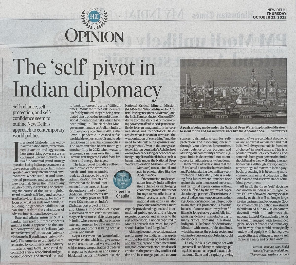 sreeramchaulia's tweet photo. In an unpredictable, selfish, weaponised and post-liberal international order, #India is strategising to sustain its rise on the basis of self-reliance (#Atmanirbharta), self-protection (#Atmaraksha) and self-confidence (#Atmavishwas). Here is my lead column in Hindustan Times on the roots of this doctrine and its deeper ramifications.
➡️ https://t.co/bZ2AV9zecF
