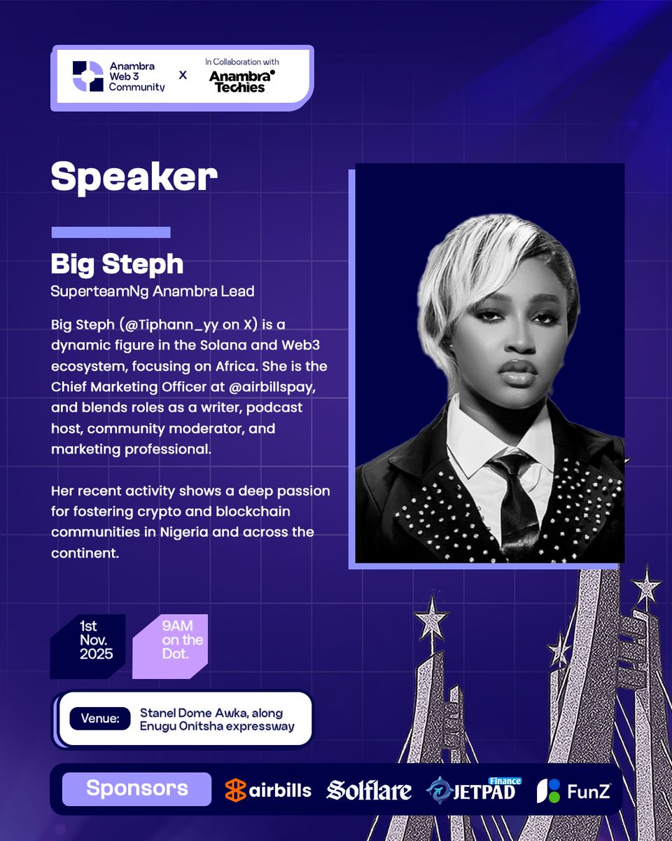 anambraweb3conf's tweet image. Speaker Announcement! 💃💃💃
We’re excited to welcome Big Steph (@Tiphann_yy) Superteam NG Anambra Lead and Chief Marketing Officer at @airbillspay as one of our speakers at the Anambra Web3 Conference 2.0!
Big Steph is a powerhouse in the Solana and Web3 ecosystem a writer,…