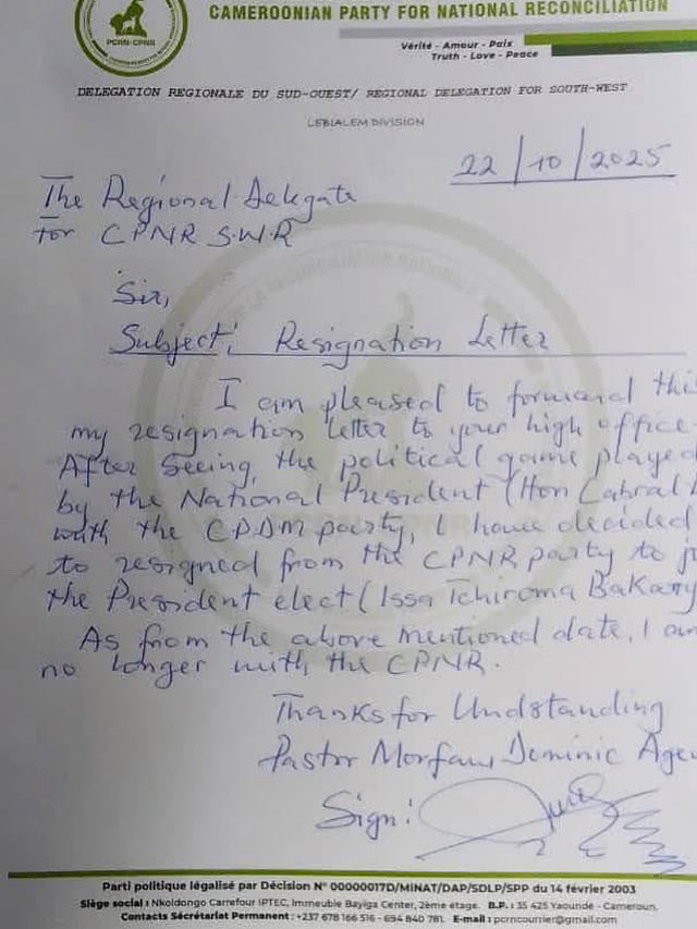Another PCRN delegate steps down.

The departmental representative for Lebialem in the South-West region says he no longer understands the actions of his party’s president and declares his support for Issa Tchiroma Bakary. 

#CameroonDecides