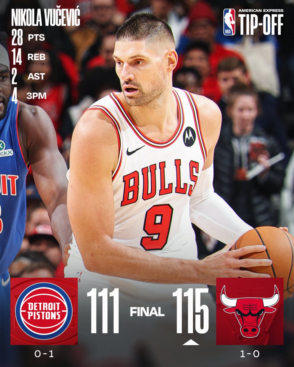 🏀 WEDNESDAY'S FINAL SCORES 🏀

Nikola Vučević posts a double-double in the @chicagobulls' opening-night home win!  

Matas Buzelis: 21 PTS, 6 REB 
Josh Giddey: 19 PTS, 11 AST 
Kevin Huerter: 15 PTS, 2 BLK 
Tre Jones: 12 PTS, 8 AST 