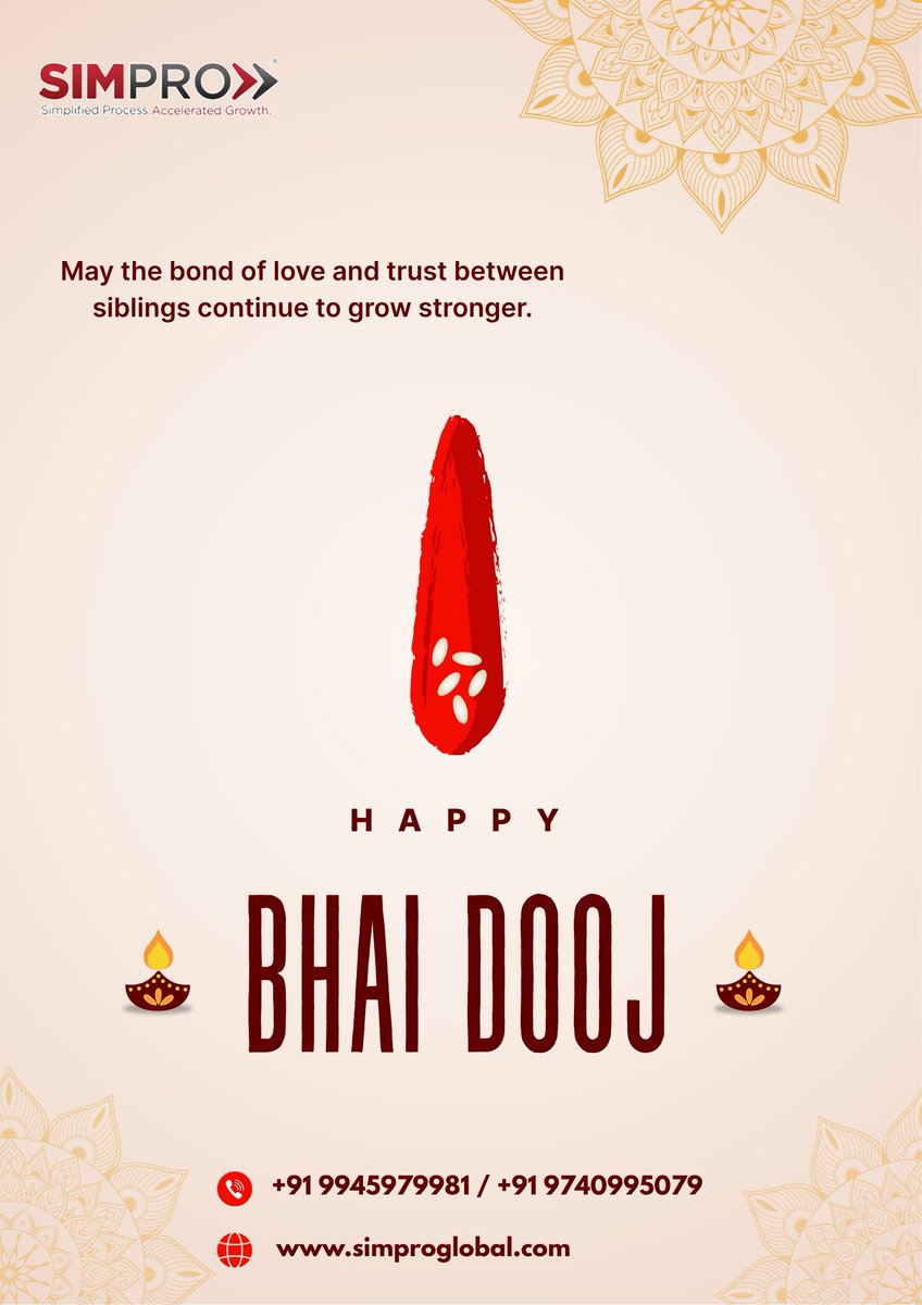 Simproglobal's tweet image. Happy Bhai Dooj from SIMPRO!
Celebrating the bond of trust &amp;amp; protection—values we honor in every client partnership.
Wishing peace, prosperity &amp;amp; success to all.

#BhaiDooj #SIMPRO #FestiveGreetings #BusinessInnovation #DigitalTransformation