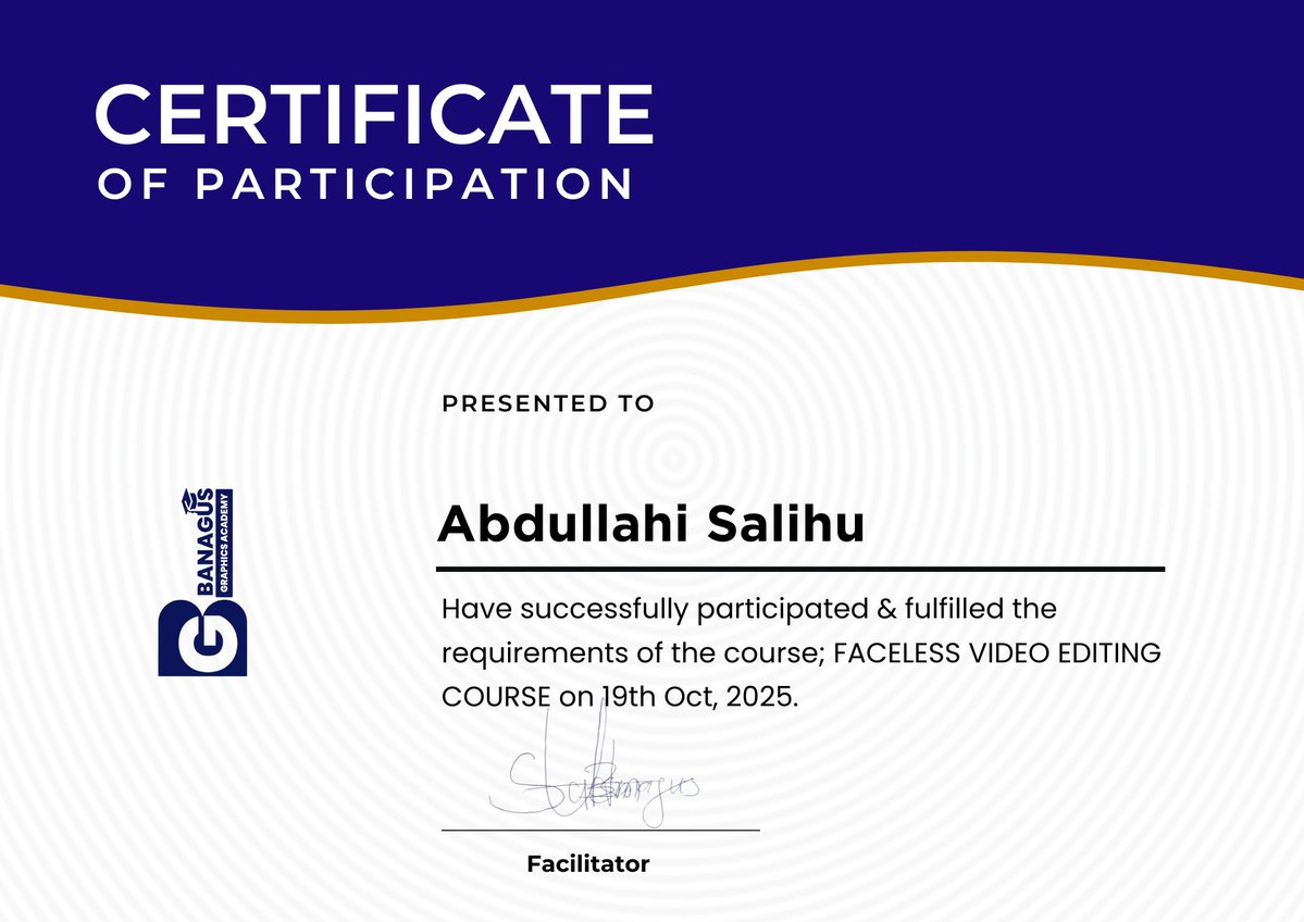 SBanagus's tweet image. All Glory Be To Allah
These are certificates of our students that graduated and undergone the course: FACELESS CONTENTS & VIDEO EDITING CLASS.
I wish y'all the best in your life endeavours.