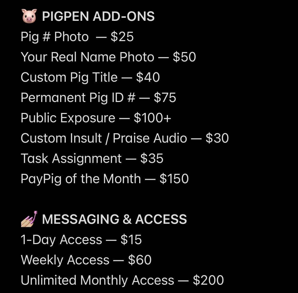 kissyxtoes's tweet photo. Kissy’s Good Boy Menu 💋
All you piglets need to know 🤍 https://t.co/U3J6Drn0Bg