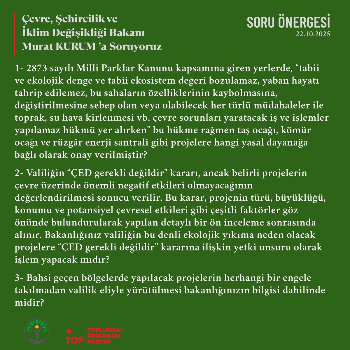 📌#Bolu Abant Yedigöller doğa talanını TBMM gündemine taşıdık.

🟢#Yedigöller, #Abant ve #Uzunlar Gölü çevresinde, taşocağı, kömür ocağı ve rüzgâr enerji santrali gibi işletmelerden oluşan toplam altı proje için onay ve başvuru süreçleri tamamlandı.
Bilgileri teyit eden bir