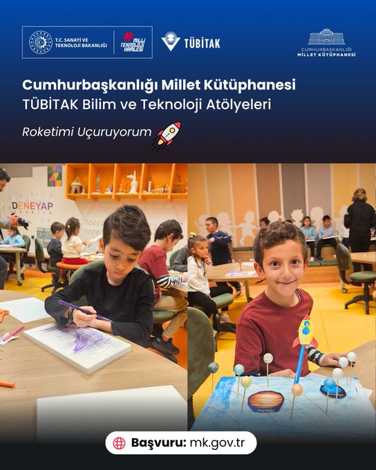 Multiple images from a TÜBİTAK science workshop at the Presidential Complex National Library show children aged around 8-12 participating in Roketim Uçuyor activities. In the first image a group of eight children sits on the floor holding trays with small rocket models made from straws and paper smiling at the camera in a colorful room with yellow and beige walls. The second image depicts four children at tables one drawing on paper another assembling a globe model and others working with educational materials in a bright space with orange and yellow decor. The third image features two children a boy and a girl sitting at a table with colored pencils and drawings in front of a wall displaying DEN EY YAP in large letters surrounded by science posters. The fourth image shows two children a boy and a girl at a table building small models with spheres and sticks in a room with similar educational wall displays and beige furniture. All images include logos from TÜBİTAK and the Ministry of Culture and Tourism at the bottom.