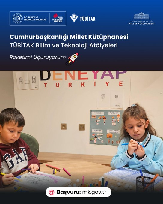 Multiple images from a TÜBİTAK science workshop at the Presidential Complex National Library show children aged around 8-12 participating in Roketim Uçuyor activities. In the first image a group of eight children sits on the floor holding trays with small rocket models made from straws and paper smiling at the camera in a colorful room with yellow and beige walls. The second image depicts four children at tables one drawing on paper another assembling a globe model and others working with educational materials in a bright space with orange and yellow decor. The third image features two children a boy and a girl sitting at a table with colored pencils and drawings in front of a wall displaying DEN EY YAP in large letters surrounded by science posters. The fourth image shows two children a boy and a girl at a table building small models with spheres and sticks in a room with similar educational wall displays and beige furniture. All images include logos from TÜBİTAK and the Ministry of Culture and Tourism at the bottom.