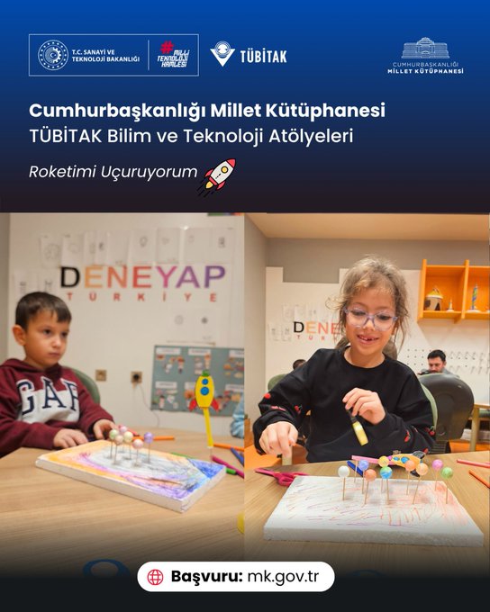 Multiple images from a TÜBİTAK science workshop at the Presidential Complex National Library show children aged around 8-12 participating in Roketim Uçuyor activities. In the first image a group of eight children sits on the floor holding trays with small rocket models made from straws and paper smiling at the camera in a colorful room with yellow and beige walls. The second image depicts four children at tables one drawing on paper another assembling a globe model and others working with educational materials in a bright space with orange and yellow decor. The third image features two children a boy and a girl sitting at a table with colored pencils and drawings in front of a wall displaying DEN EY YAP in large letters surrounded by science posters. The fourth image shows two children a boy and a girl at a table building small models with spheres and sticks in a room with similar educational wall displays and beige furniture. All images include logos from TÜBİTAK and the Ministry of Culture and Tourism at the bottom.