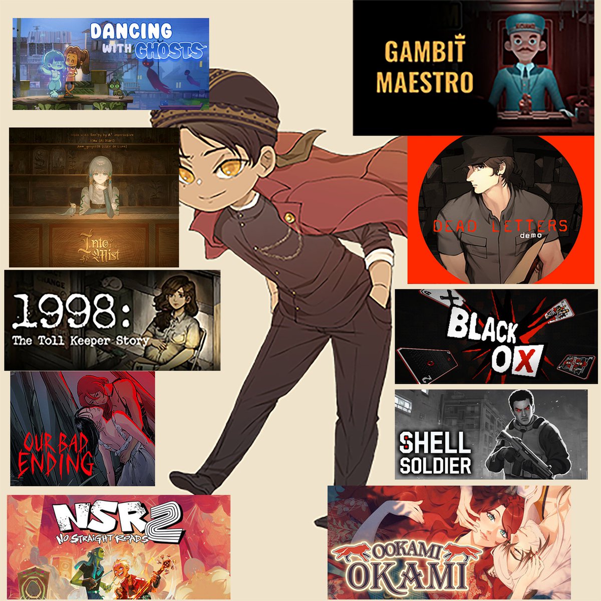 SEAGamethetic's tweet image. 10 Video Games to Know me 

Here are recently played games on the event and found from internet so far

Dancing With Ghost 🇹🇭
Gambit Maestro 🇮🇩
Into The Mist 🇻🇳
Dead Letters 🇻🇳
1998: The Toll Keeper Story 🇮🇩
Black Ox 🇹🇭
Our Bad Ending 🇸🇬
Shell Soldier 🇵🇭
NSR 2 🇲🇾
Ookami 🇮🇩