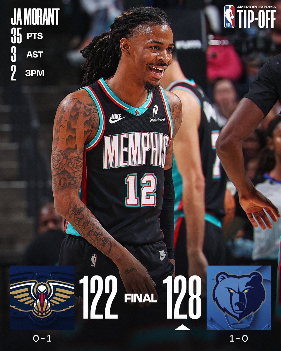 🏀 WEDNESDAY'S FINAL SCORES 🏀

Ja Morant fills it up to power the @memgrizz to 1-0!

Jaren Jackson Jr.: 18 PTS, 8 REB, 6 BLK
Zion Williamson: 27 PTS, 9 REB, 5 AST, 5 STL 