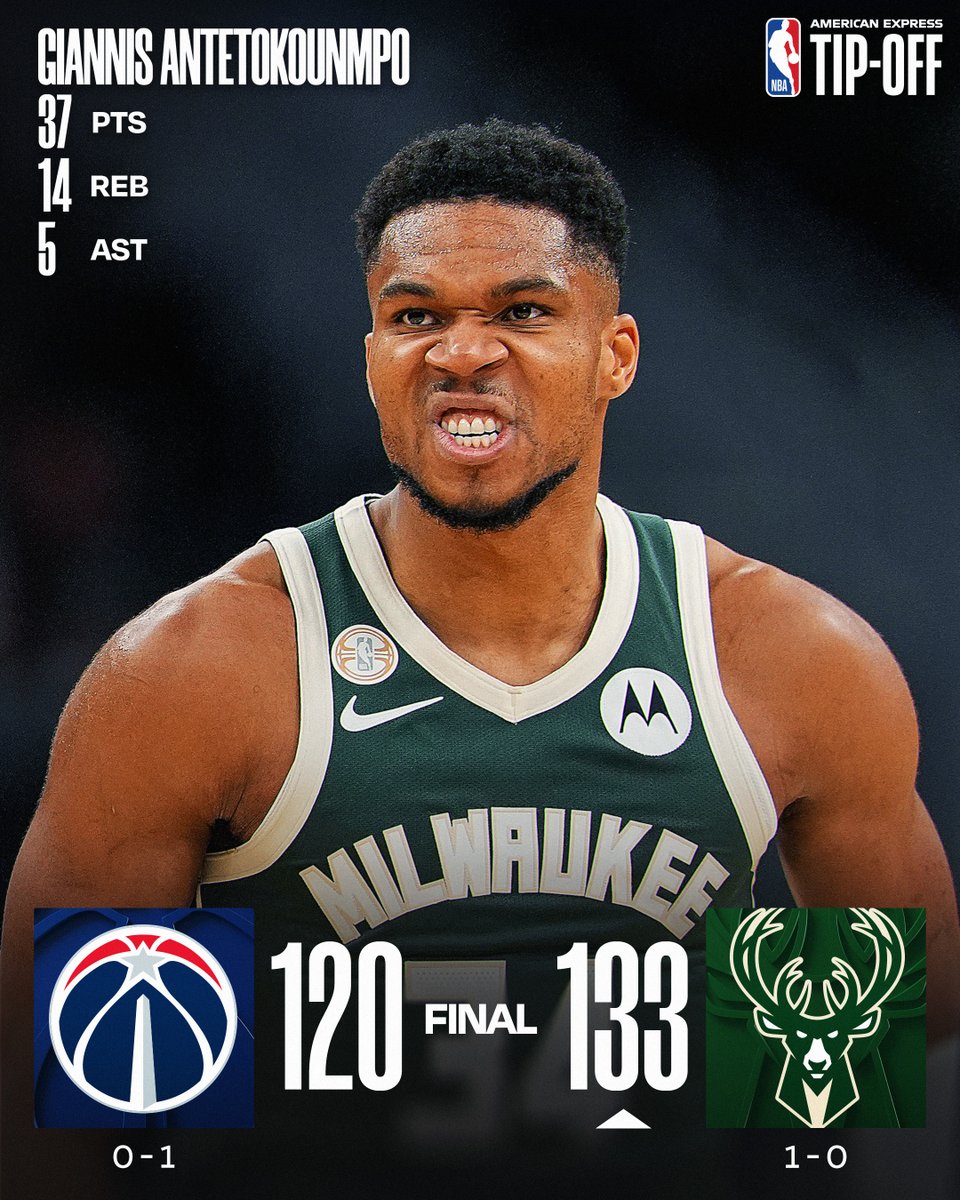 🏀 WEDNESDAY'S FINAL SCORES 🏀

Giannis Antetokounmpo dominates in the @Bucks' opening-night W in Milwaukee!

Gary Trent Jr.: 17 PTS, 5 3PM
Myles Turner: 11 PTS, 8 REB, 5 AST, 3 BLK
Khris Middleton: 23 PTS, 3 3PM 