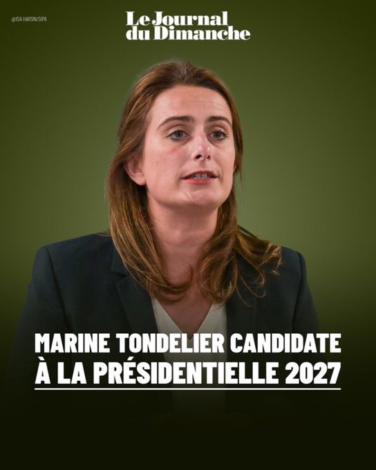 Magazine cover from Le Journal du Dimanche features a woman with shoulder-length brown hair wearing a dark blazer over a white top looking directly at the viewer with a neutral expression against a green background text overlay reads Marine Tondelier candidate à la présidentielle 2027.