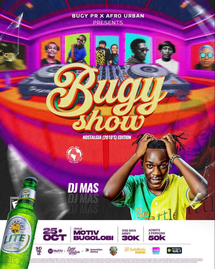 MushroomInc's tweet photo. Welcome @saint_trevor_, @Deejay_Mas_256, @dreadlazerdj, and The Culture to the lineup for @deejaybugy’s #BugyShow—this Saturday at @MotivUG! https://t.co/6XPyplHxmp