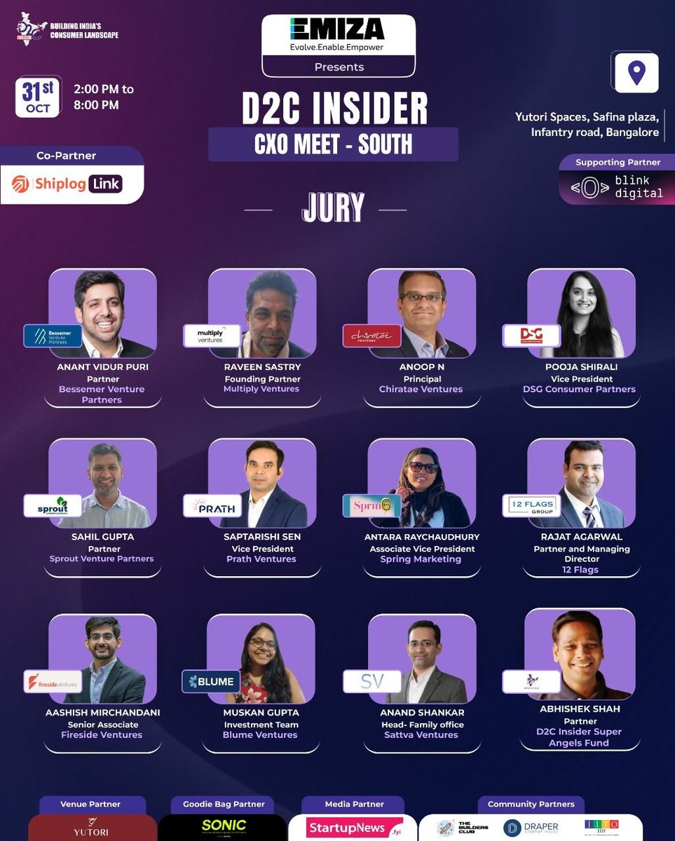 🚀 Meet the jury for D2C Insider CXO Meet – South | Pitchathon!
Top investors &amp; founders shaping India’s D2C future.

📍Bangalore | 🗓️ Oct 31 | ⏰ 2–8 PM
🎤 Pitch: d2ci.co/pitchathon-app…
🎟️ Register: d2ci.co/TBC-CP (Code: TBC)