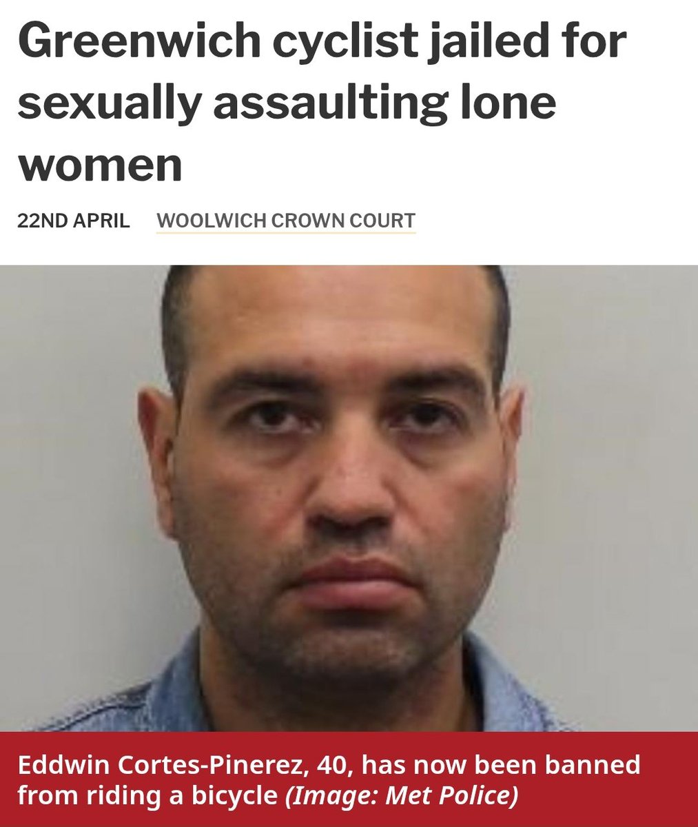 Wommando's tweet image. This isn't the first time a predator has been banned from riding a bike.
Eddwin Cortes-Pinerez, 40, se*ually assaulted 5 women over 3 weeks, each time while riding a bike.
He claimed the assaults were "a prank".
In April, he was jailed for 19 months & banned from bike-riding.