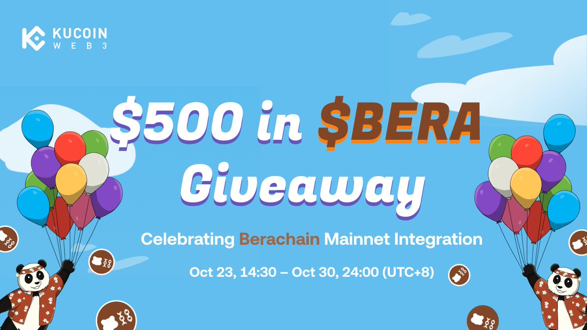 KuCoin_Web3's tweet image. To celebrate @berachain mainnet integration, we're doing a $500 in $BERA #Giveaway
🗓️ Oct 23, 14:30 – Oct 30, 24:00 (UTC+8)
How to join:
1️⃣ Follow @KuCoin_Web3
2️⃣ Engage with this post
🎁 5 winners, $100 each