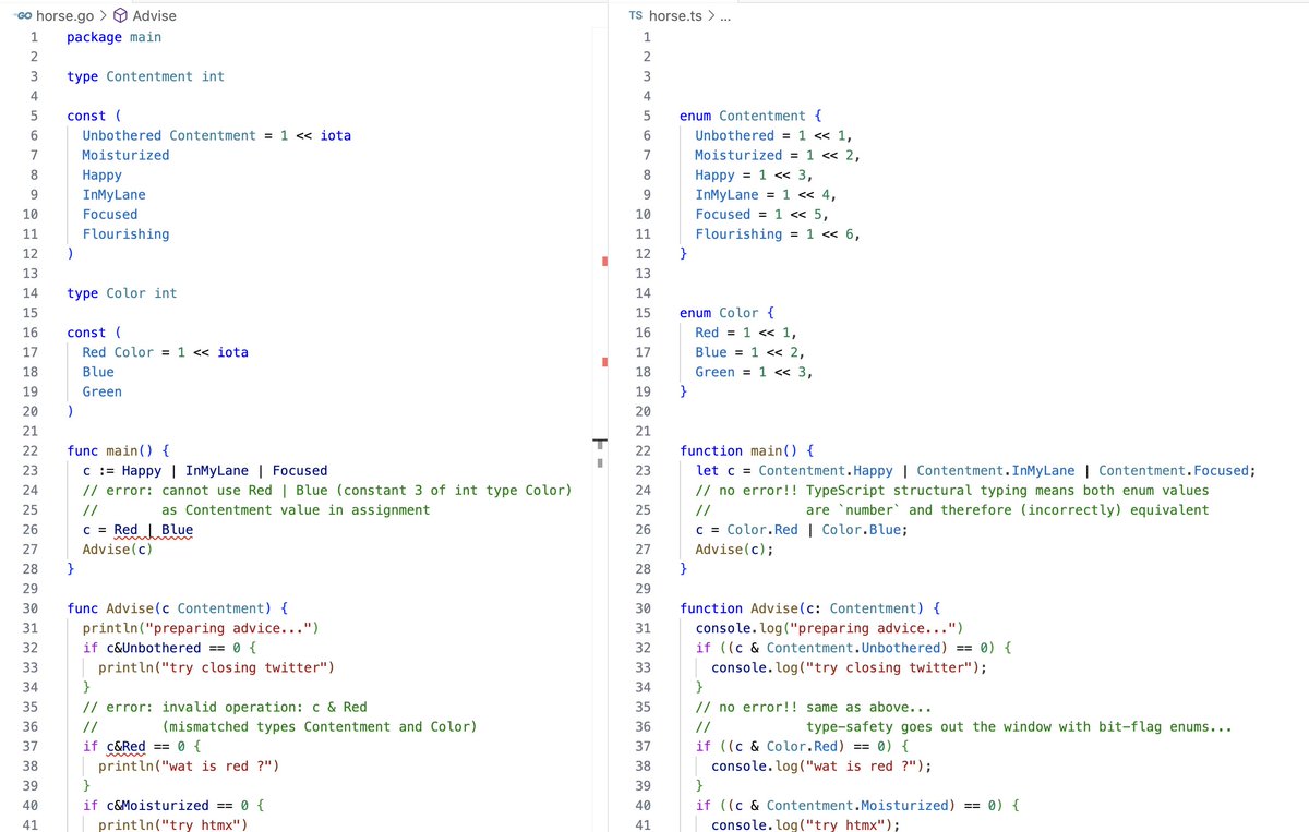 auxiliarymoose's tweet image. Here&apos;s a side-by-side (Go on left, TypeScript on right)

Remarks:
- Go identifies wrong assignment between types
- Go identifies wrong operations between types
- Go is simpler &amp;amp; less noisy to read

Basically better readability and type safety (performance will be better too)