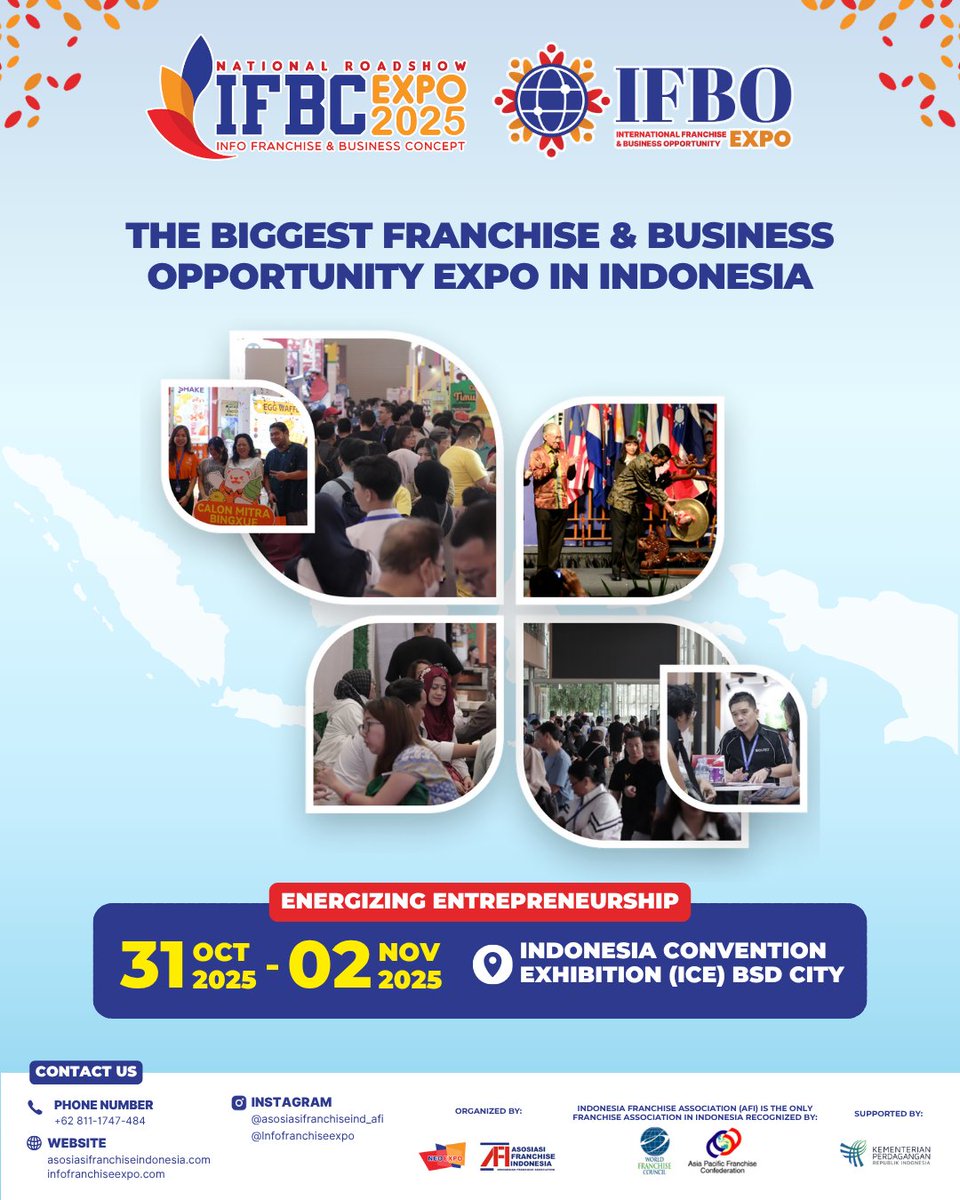 IFBC menjadi bagian dari Indonesia Franchise Week dan menghadirkan Pameran Internasional IFBO , tawarkan peluang bisnis dari berbagai negara✨

Catat tanggalnya!
📅 31 Okt – 2 Nov 2025
📍 Hall 1–2, ICE BSD Tangerang
🕙 Pukul 10.00–20.00 WIB

More info : @infofranchiseexpo 

#IFBC