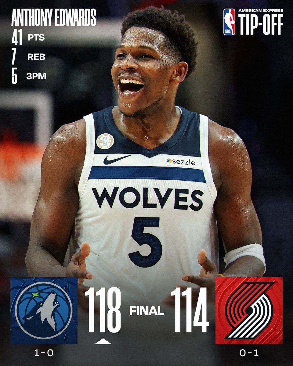 🏀 WEDNESDAY'S FINAL SCORES 🏀

Anthony Edwards sets a franchise scoring record for a season opener as the @Timberwolves win on the road!

Julius Randle: 19 PTS, 7 REB, 6 AST, 2 STL, 3 3PM
Jaden McDaniels: 18 PTS, 3 BLK, 3 3PM
Jerami Grant: 29 PTS (10-14 FGM), 4 3PM
Jrue Holiday: 14 PTS, 6 REB, 7 AST, 3 STL
