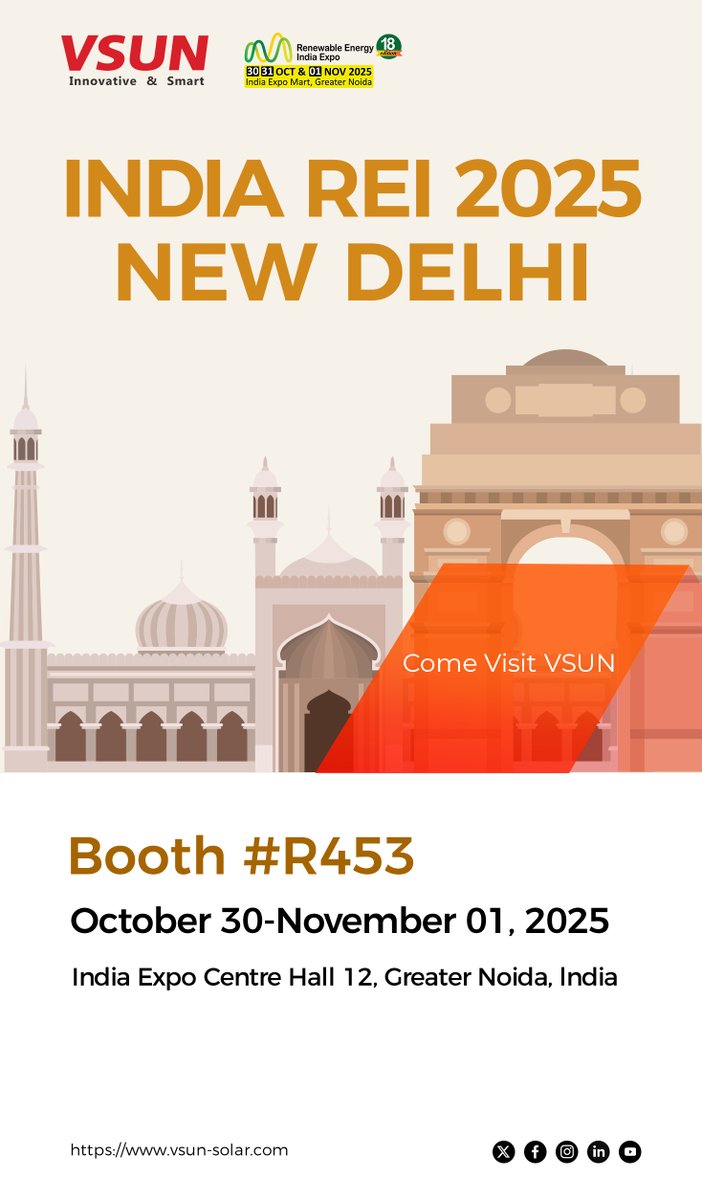 vsun_solar's tweet image. Exciting news! 🤩 You're invited to explore the future of solar energy with #VSUNSOLAR at the Renewable Energy India Expo 2025.

Join us at Booth #R453 to discuss on powering a sustainable future!

 #RenewableEnergy #India #SustainablePower #SolarEnergy