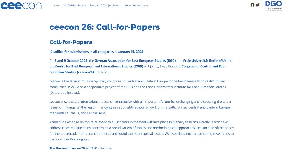 icceesorg's tweet image. ceecon 26: Call-for-Papers
!Deadline for submissions in all categories is January 15, 2026!

On 8 and 9 October 2026, the third Congress of Central and East European Studies (ceecon26) will be held in Berlin.

The theme of ceecon26 is (Un)Certainties.

ceecon.de/en/ceecon-26-c…