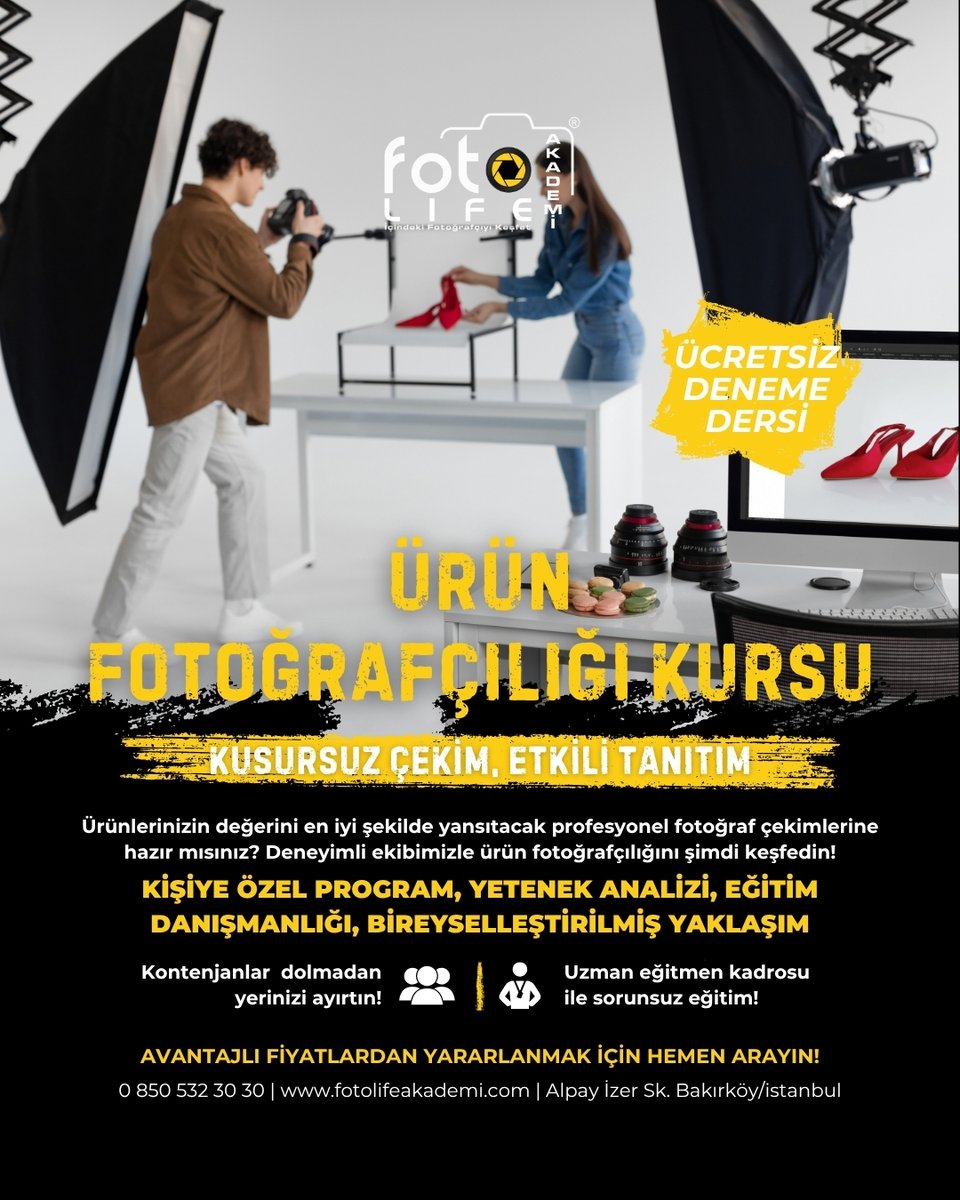 fotolifeakademi's tweet image. E-ticarette ürünlerini konuştur! 📸
Foto Life Akademi MEB Onaylı Ürün Fotoğrafçılığı Kursu için yüksek tavsiyeler alıyor. Stüdyo çekimi, Photoshop ve girişimcilik sırlarını öğren.
Hemen keşfet: fotolifeakademi.com/urun-fotografc…
#ürünfotoğrafçılığı #fotografçılıkkursu #fotolifeakademi