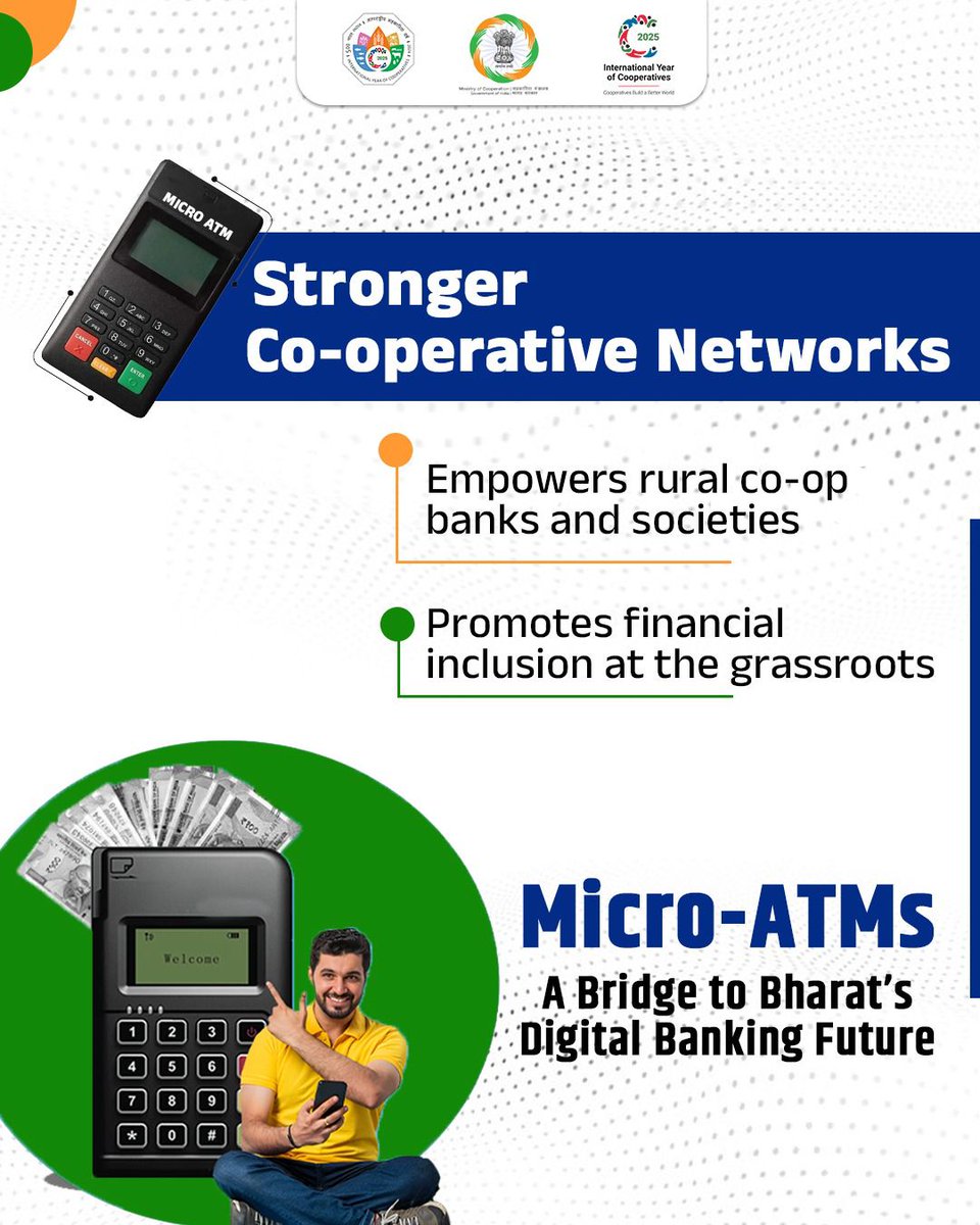 MinOfCooperatn's tweet image. With low-cost infrastructure and local Bank Mitras, they empower cooperative banks, enhance accessibility, and strengthen financial inclusion at the grassroots level.

#EmpoweringCooperatives #IYC2025 #SahkarSeSamriddhi #CoopsYear