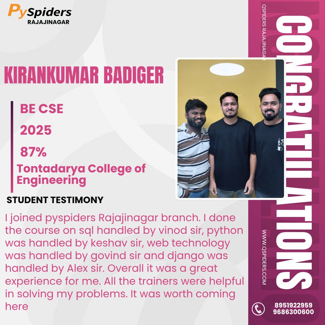 QRajajinagar's tweet image. Congratulations to Kirankumar Badiger from Tontadarya College of Engineering!
With guidance from our expert trainers, he mastered SQL, Python, Web Tech &amp;amp; Django at PySpiders Rajajinagar
#PySpiders #CareerGrowth #SuccessStory #TechTraining #tontadarya_college_of_engineering_gadag