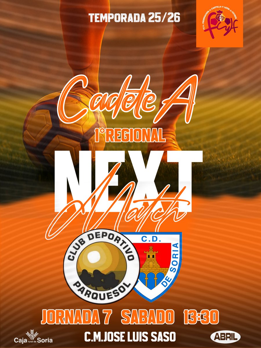 CD Parquesol (@cdparquesol) on Twitter photo 📣 Jornada 7 | Cadete A
⚽️ Este sábado a las 13:30h nuestro Cadete A recibe a <a href="/cdnumancia/">CD Numancia</a> en El Saso.
🧡 ¡A por todas, equipo! Queremos seguir creciendo y defendiendo nuestra casa con orgullo.
#VamosParquesol #CajaRuraldeSoria 📣 Jornada 7 | Cadete A
⚽️ Este sábado a las 13:30h nuestro Cadete A recibe a <a href="/cdnumancia/">CD Numancia</a> en El Saso.
🧡 ¡A por todas, equipo! Queremos seguir creciendo y defendiendo nuestra casa con orgullo.
#VamosParquesol #CajaRuraldeSoria