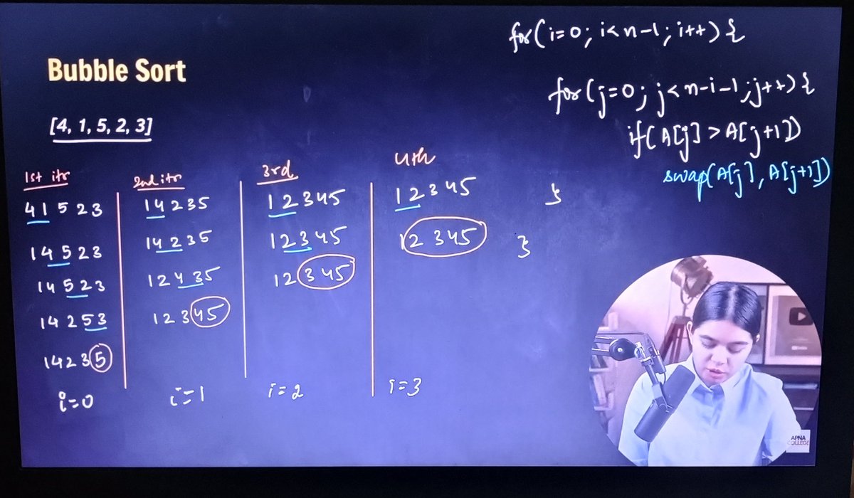 rafayali2712's tweet image. Day 24 of my DSA Journey in C++
With @ApnacollegeX & @ShradhaKhapra_
Today I explored the world of Sorting Algorithms — understood how sorting works and learned the main types:
Bubble Sort, Insertion Sort, and Selection Sort.
#DSA #100DaysOfCode #SortingAlgorithms #CodingJourney