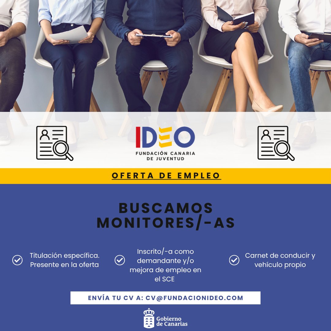 fundacionideo's tweet photo. 📢 ¡Hola! Pasábamos por aquí para recordarte que... ¡Seguimos buscando personal TEMPORAL! 👉 SELECCIONAMOS MONITORES/-AS para nuestros centros.
📩 Enviar el CV a: cv@fundacionideo.com
#ofertaempleo #ServicioCanariodeEmpleo #empleo #monitores #monitoras #GobiernodeCanarias https://t.co/xzD23CwU8L