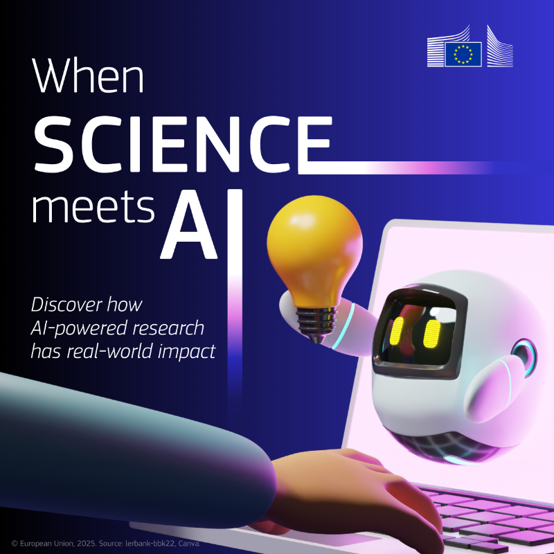 REA_research's tweet photo. Good AI needs science - and science thrives on good AI. 

Over 1,200 EU-funded projects have received €1.7 billion through #HorizonEU and Horizon 2020, advancing and using AI in health, environment or democracy research, among other areas.