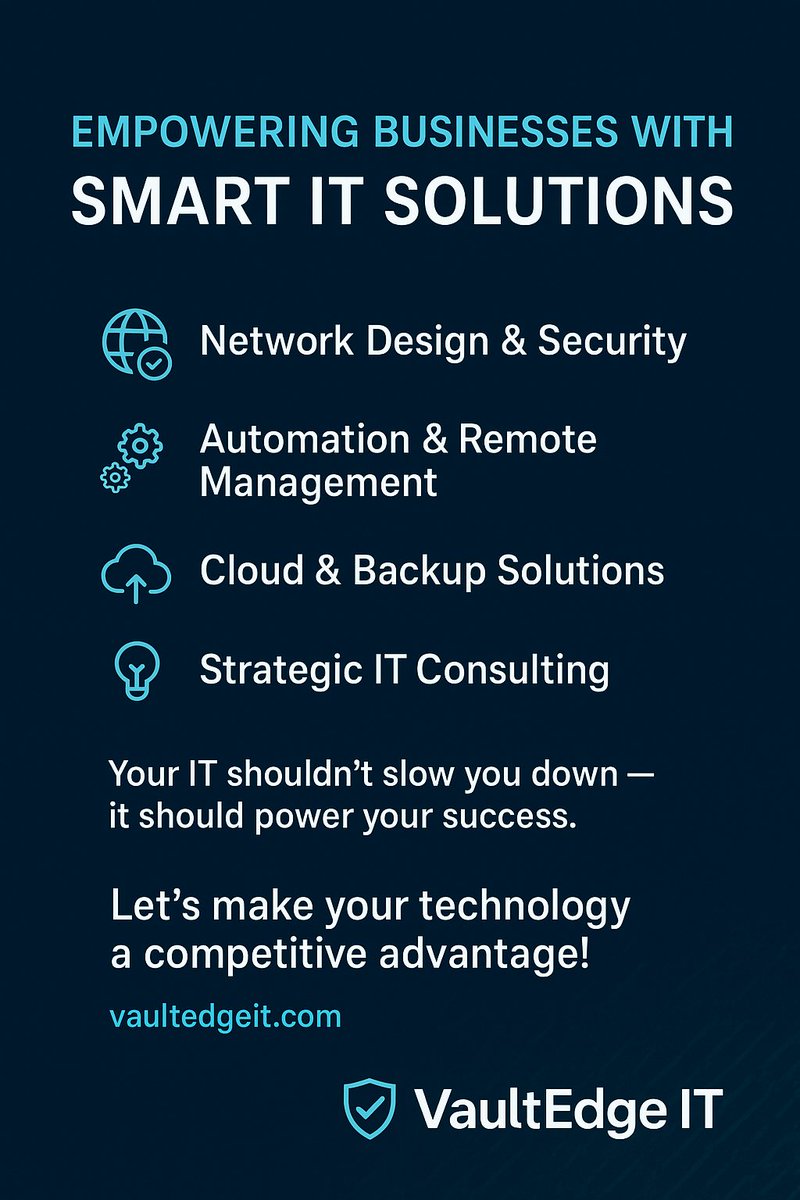 VaultEdgeITMSP's tweet image. 🛡️ Empowering Businesses with Reliable IT Solutions 💻#VaultEdgeIT #ITSolutions #NetworkSecurity #Automation #CloudComputing #CyberSecurity #ManagedServices #TechSupport #BusinessGrowth #TurlockBusiness