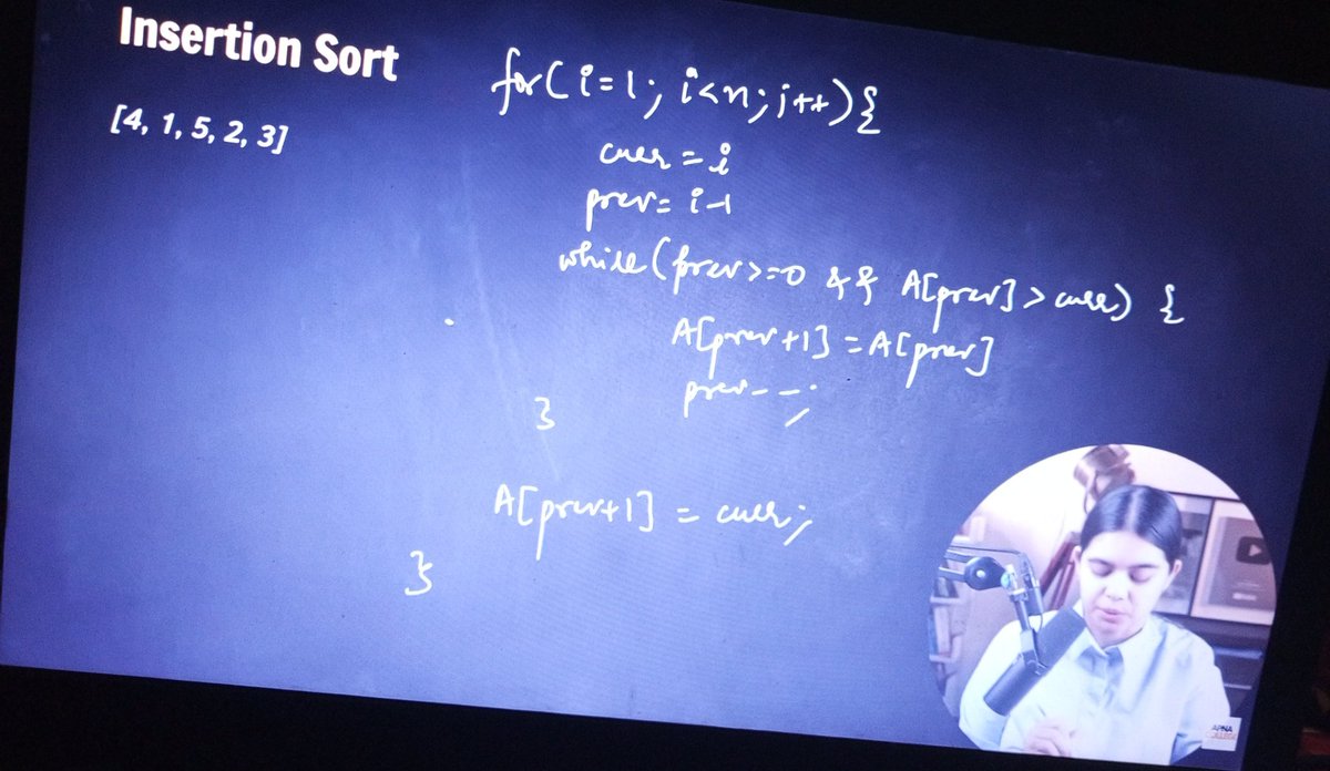 rafayali2712's tweet image. Day 24 of my DSA Journey in C++
With @ApnacollegeX & @ShradhaKhapra_
Today I explored the world of Sorting Algorithms — understood how sorting works and learned the main types:
Bubble Sort, Insertion Sort, and Selection Sort.
#DSA #100DaysOfCode #SortingAlgorithms #CodingJourney