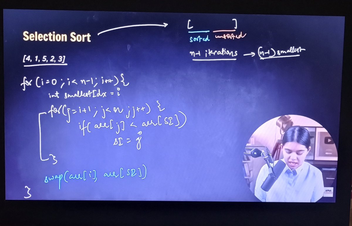 rafayali2712's tweet image. Day 24 of my DSA Journey in C++
With @ApnacollegeX & @ShradhaKhapra_
Today I explored the world of Sorting Algorithms — understood how sorting works and learned the main types:
Bubble Sort, Insertion Sort, and Selection Sort.
#DSA #100DaysOfCode #SortingAlgorithms #CodingJourney