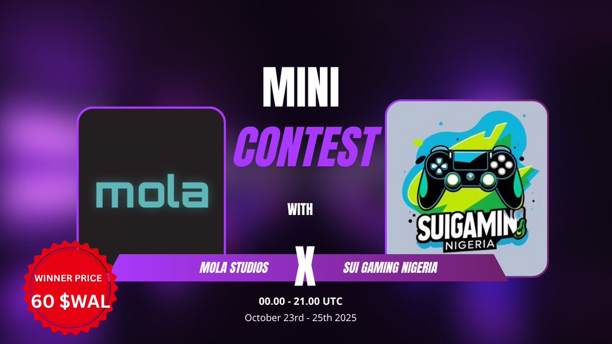 Sui Gaming Nigeria x Mola Studios Contest 🎮

Want to win from a 60 $WAL prize pool and earn $SUI daily? 👀
Join the fun in just a few simple steps.

How to Join:
1. Follow 👉 <a href="/SuigamingNG/">Sui Gaming Nigeria</a> &amp; <a href="/Mola_Studios/">Mola Studios</a>