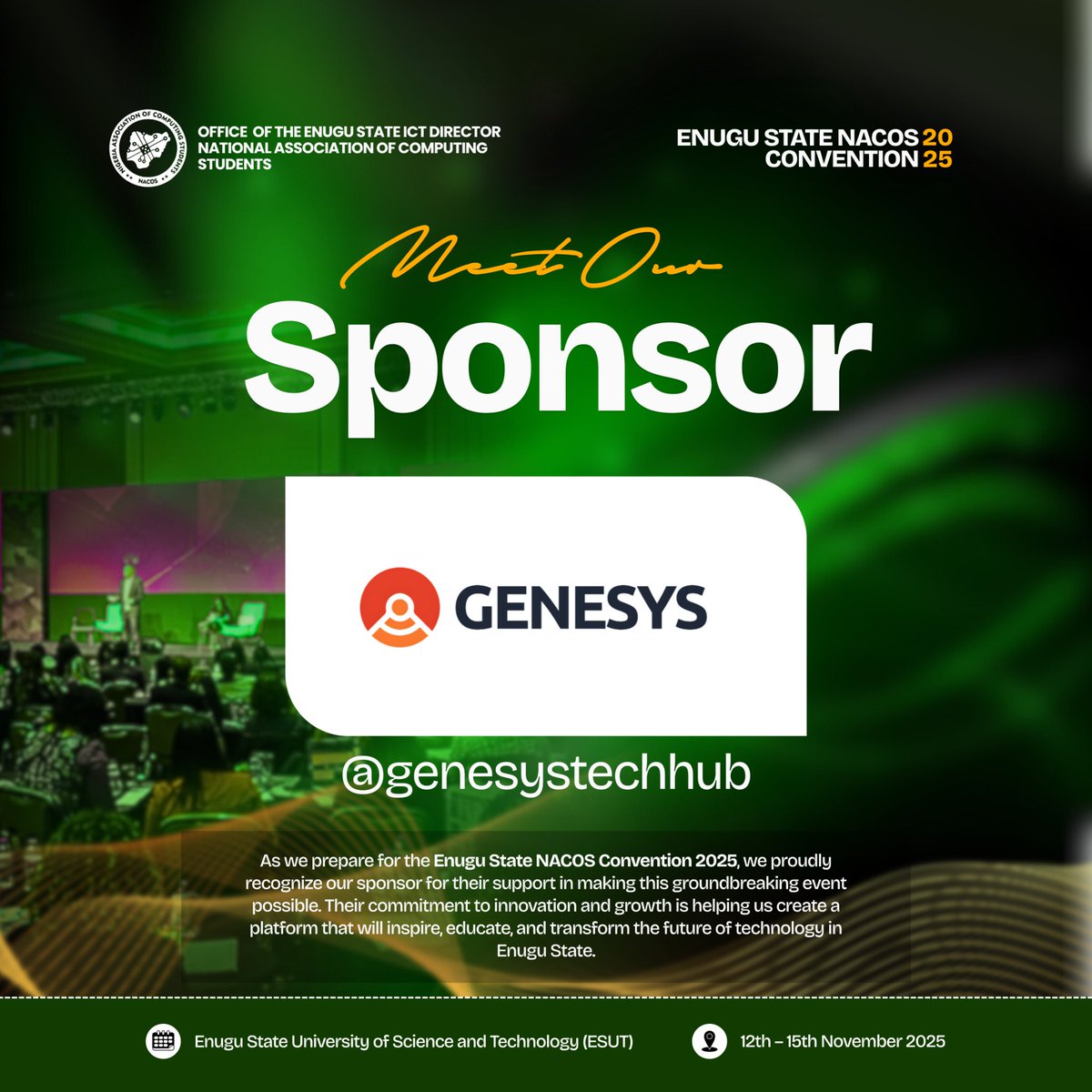 nacossoutheast's tweet image. Big News📢
We’re excited to announce that 
@genesystechhub 
 has officially partnered with us for the Enugu NACOS Convention 
📅 Date: 12th – 15th Nov. 2025
📍 Venue: Enugu State University of Science and Technology (ESUT)
Register now 👇
🔗 enugustatenacosconf.org.ng